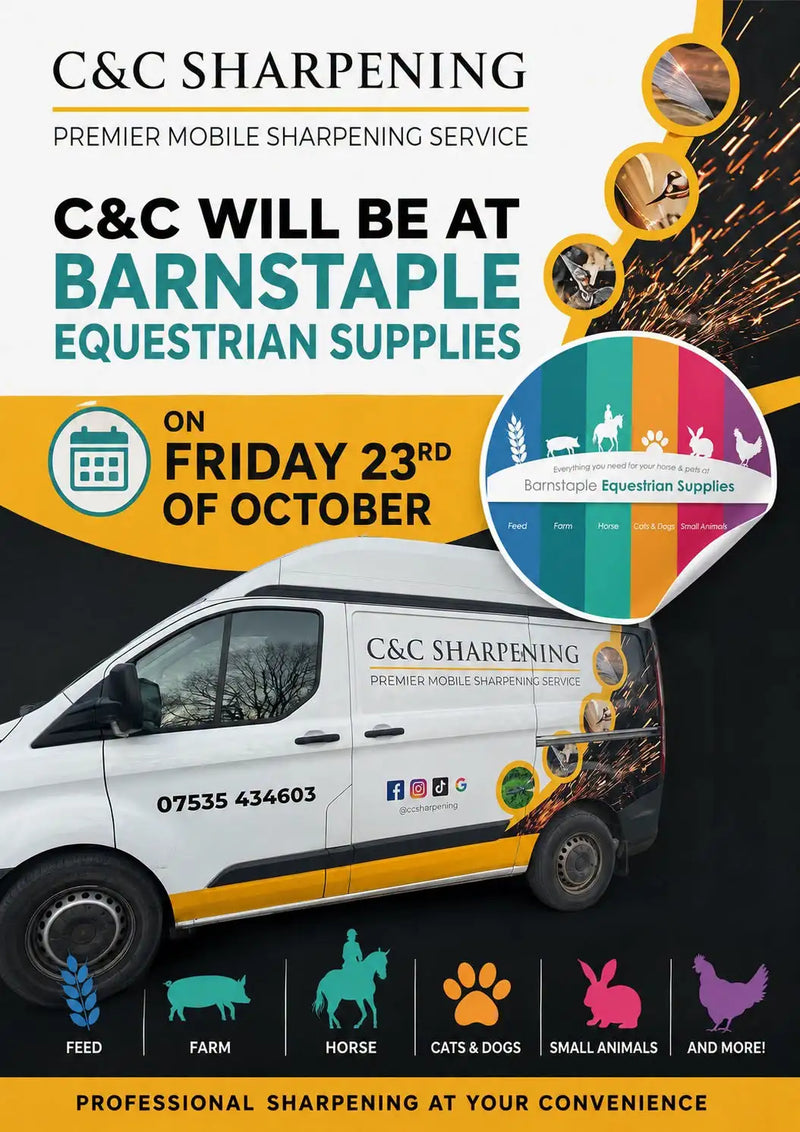 White van with yellow trim and custom graphics advertising c&c sharpening’s mobile service.