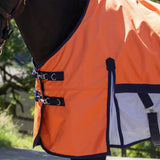 Bright orange whr28 w-horse airflo turnout rug with navy trim silver buckles and mesh skirt for horses
