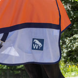 Orange and white w-horse airflo turnout rug whr28 w-horse with navy trim logo patch and breathable mesh skirt