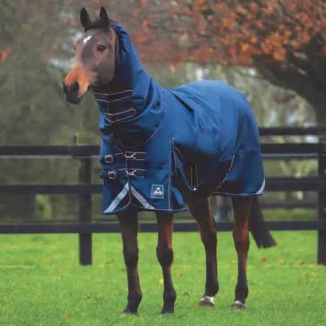 Blue wicklow turnout light horse blanket with reflective stripes, adjustable double clip, and black buckles