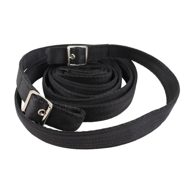 Wide reins black woven fabric belt with silver metal buckles and rubber grip for royal blue accents