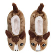 Brown plush fluffy footsie slippers shaped like a donkey with white accents and soft fluffy interiors for ladies