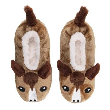 Brown plush donkey fluffy footsie slippers with white accents and soft fluffy interiors for ladies fun ankle riding socks