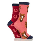 Wild feet ladies cosy socks pink and red fuzzy with horse faces horseshoe patterns navy blue cuffs silicone grip socks
