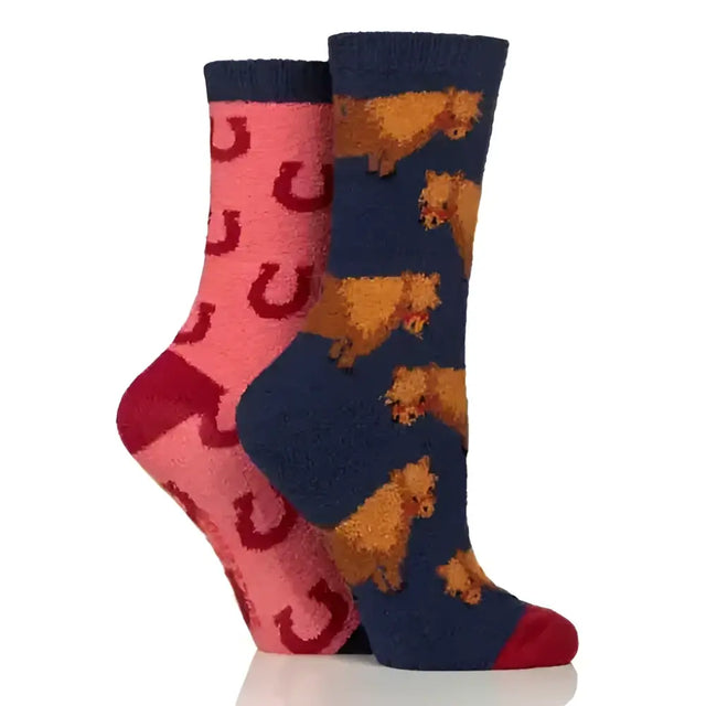 A pair of wild feet cotton ladies cosy socks with silicone grip featuring pink red horseshoes and navy dachshund prints