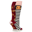 A pair of wild feet pony long socks with deep red pig print and black white striped bear face designs from sockshop wild feet
