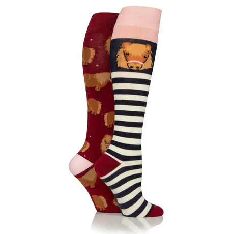 A pair of wild feet pony long socks with deep red pig print and black white striped bear face designs from sockshop wild feet