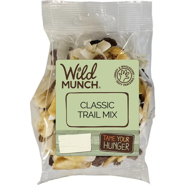 Wild munch classic trail mix in a clear plastic bag with dried fruits nuts and a light green label for snacking