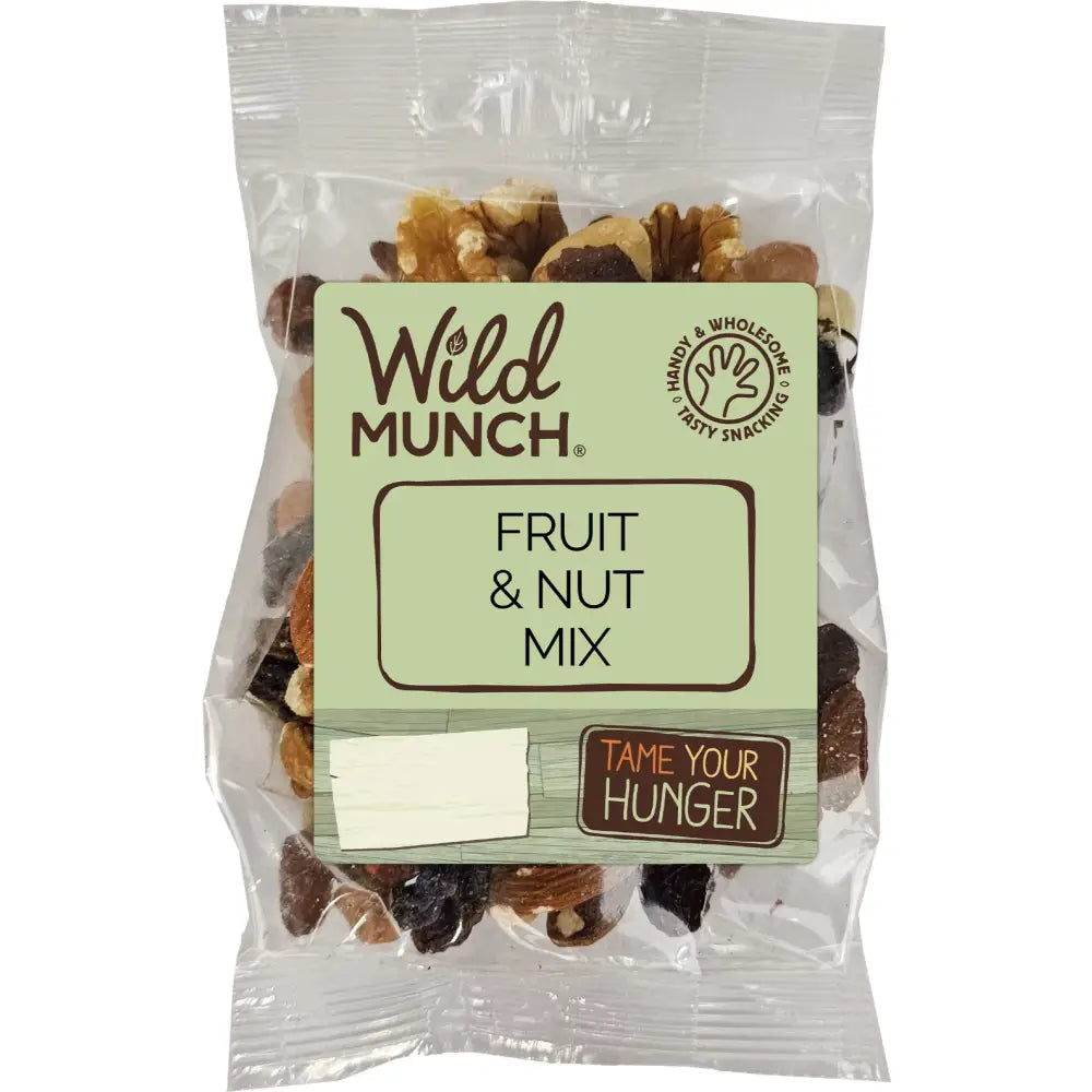 Wild munch fruit and nut mix in a clear plastic bag with a light green label featuring brown text and design elements