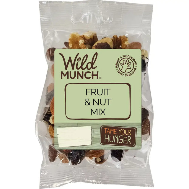 Wild munch fruit and nut mix in a clear plastic bag with a light green label featuring brown text and design elements