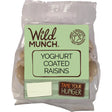 Wild munch yoghurt coated raisins in a clear plastic bag with a light green label perfect for snacking
