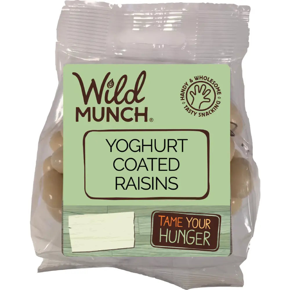 Wild munch yoghurt coated raisins in a clear plastic bag with a light green label perfect for snacking