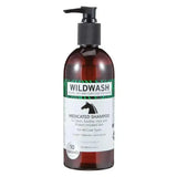 Dark amber glass bottle with black pump of wildwash horse shampoo medicated for horse skin and coat care