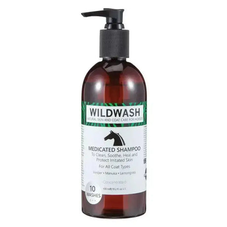 Dark amber glass bottle with black pump of wildwash horse shampoo medicated for horse skin and coat care