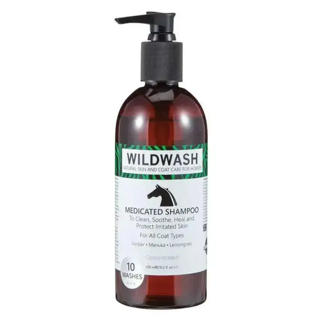 Dark amber glass bottle with black pump of wildwash horse shampoo medicated for horse skin and coat care
