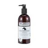 Dark amber wildwash horse shampoo bottle with black pump labeled ultra shine shampoo for natural coat colour care