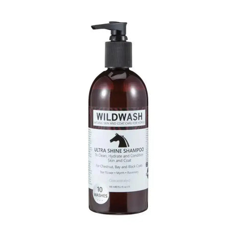 Dark amber wildwash horse shampoo bottle with black pump labeled ultra shine shampoo for natural coat colour care