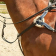 Black leather windsor equestrian leather five point breastplate with white fleece padding and blue accent stripes elastic webbing sections
