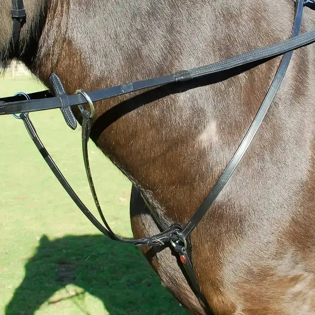 Black leather windsor equestrian leather breastplate with metal hardware and detachable running martingale detail