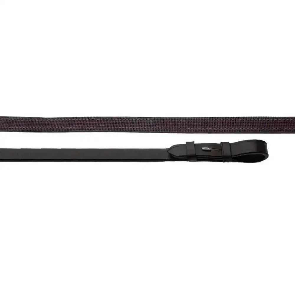 Black leather riding crop with textured grip and metal buckle from windsor equestrian leather inside grip reins