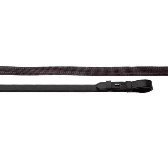 Black leather riding crop with textured grip and metal buckle from windsor equestrian leather inside grip reins