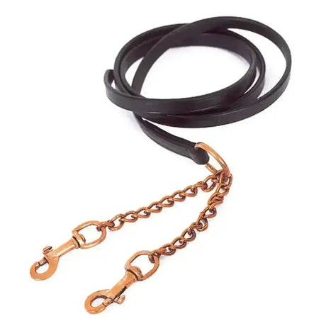 Black leather lead rein with windsor equestrian leather and twin brass chain hardware in copper tone