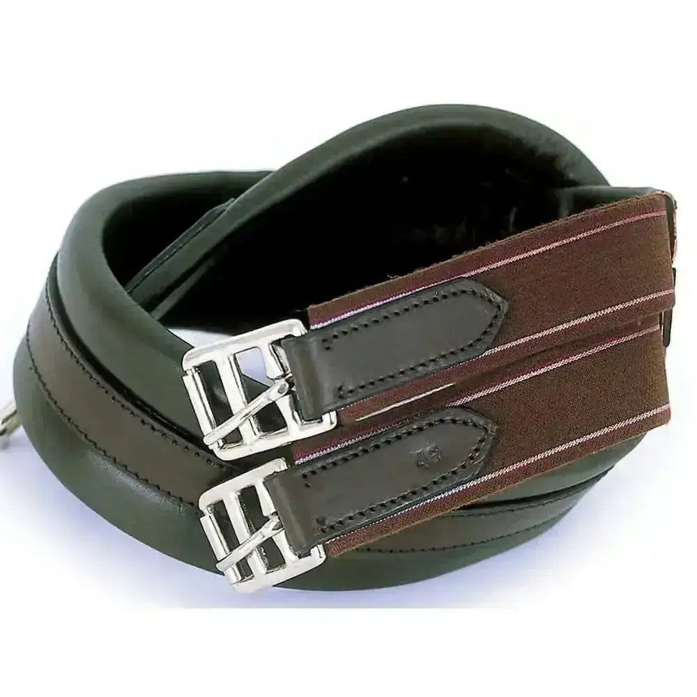 Dark green padded horse saddle pad with brown suede and silver buckles for windsor equestrian leather padded girth
