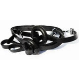 Black leather windsor equestrian leather side reins with interlocking metal rings and silver snaphook buckle hardware