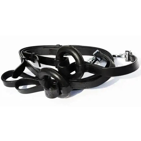 Black leather windsor equestrian leather side reins with interlocking metal rings and silver snaphook buckle hardware