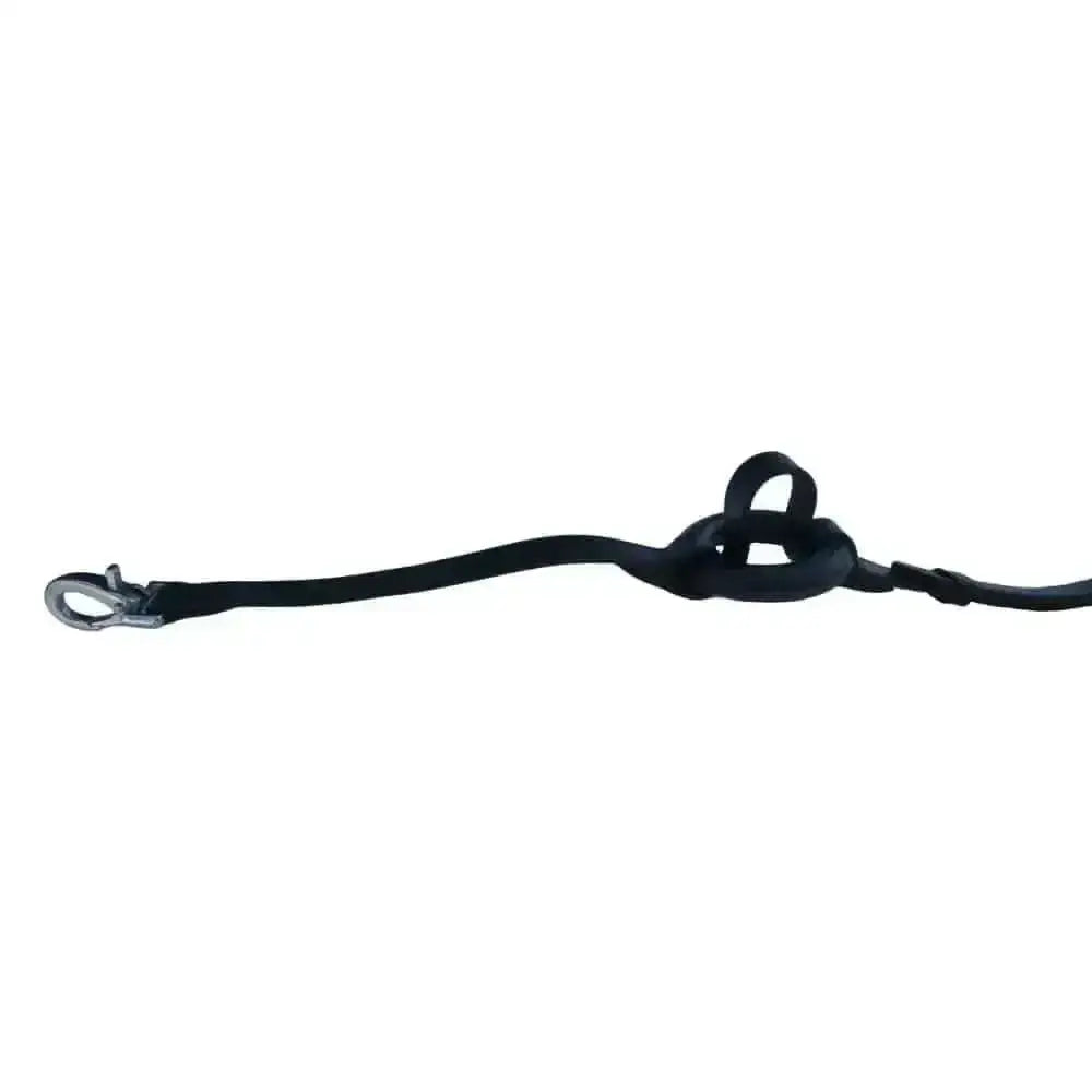 Black windsor equestrian leather side reins with metal snaphook buckle and looped knot for secure horse training