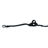 Black windsor equestrian leather side reins with metal snaphook buckle and looped knot for secure horse training