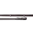 Black woven strap with leather buckle and metal hardware on windsor equestrian leather super grip reins
