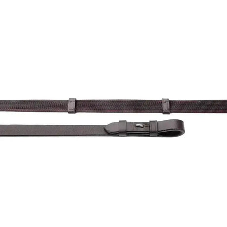 Black woven strap with leather buckle and metal hardware on windsor equestrian leather super grip reins