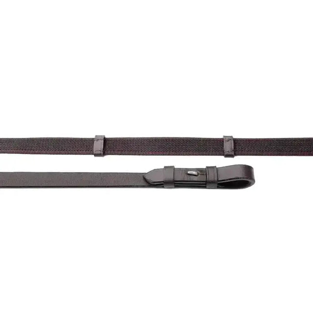 Black woven strap with leather buckle and metal hardware on windsor equestrian leather super grip reins