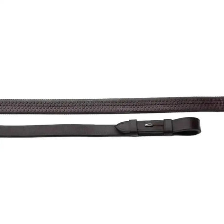 Black leather windsor equestrian rubber riding strap with dotted texture and silver buckle for rubber covered reins