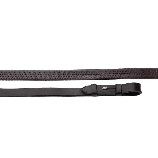 Black leather windsor equestrian rubber riding strap with dotted texture and silver buckle for rubber covered reins