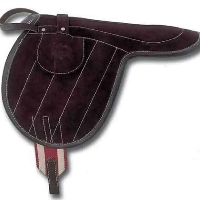 Dark brown suede windsor hide covered pony pad with white stitching and red white beige striped tail strap