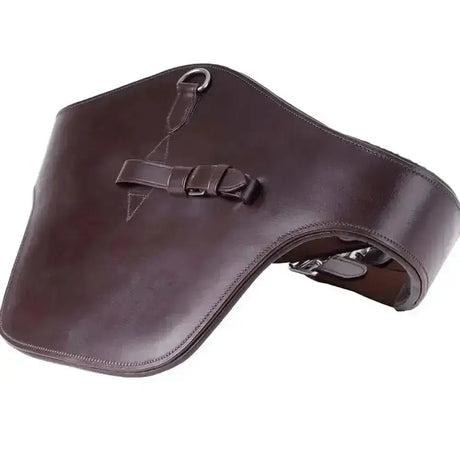 Brown leather windsor leather stud guard saddle pad with stitched edges metal hardware and fully padded underside