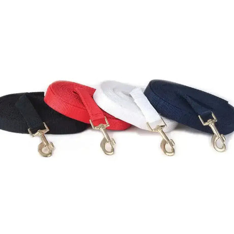 A set of windsor nylon lunge reins in black red white and navy blue made from woven nylon web with swivel trigger clips