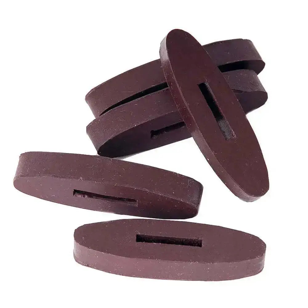 Dark brown oval-shaped rubber rein stops with central slot windsor rubber rein martingale rings sliding pack of 10