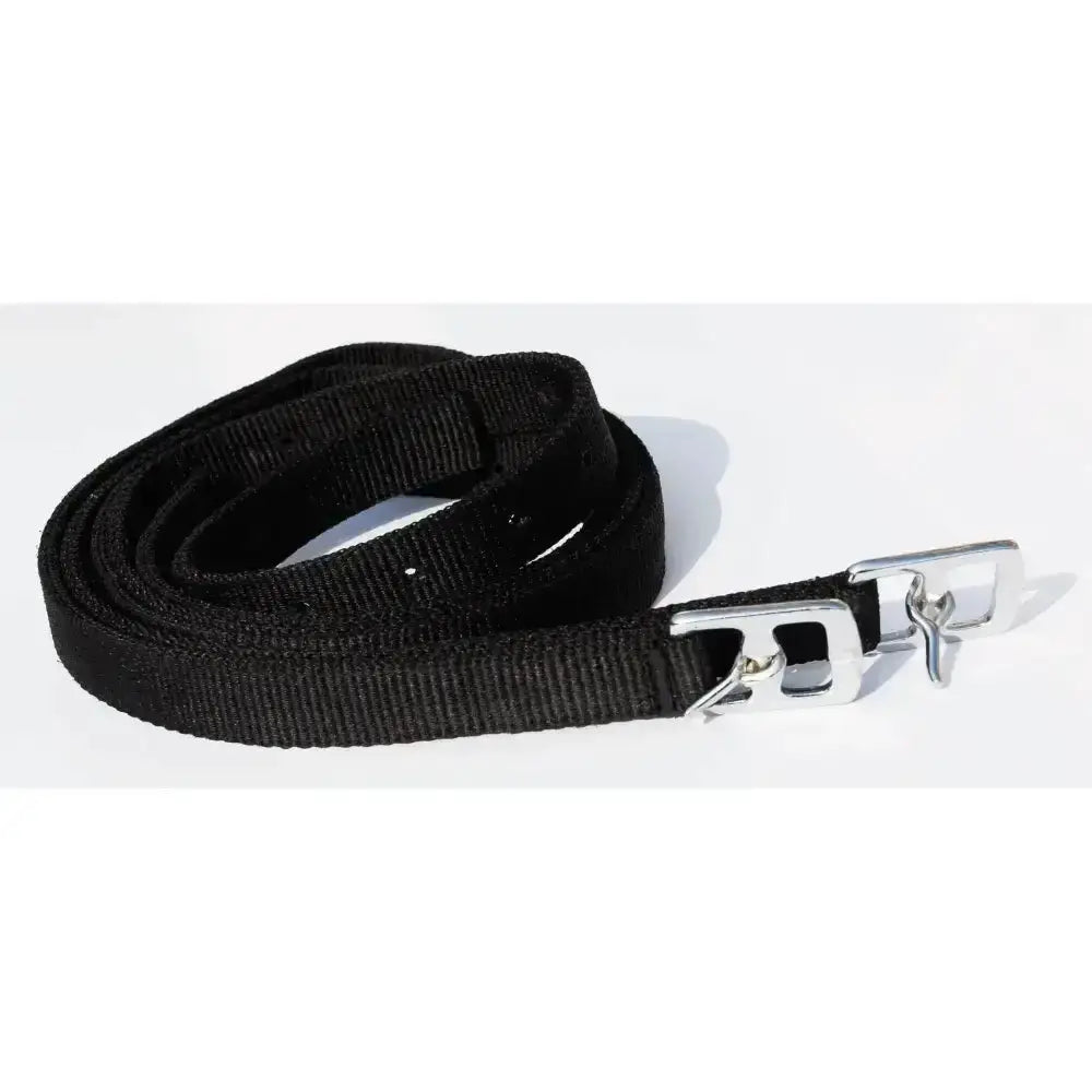 Black woven nylon stirrup leathers with silver metal buckle for windsor synthetic children’s use 48 inches long