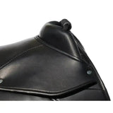 Black leather synthetic cub saddle flap with stitched edges and rolled strap detail on windsor synthetic cub saddle