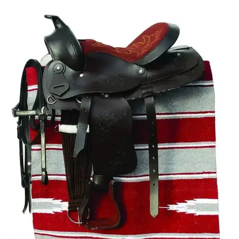 Black leather windsor western saddle with red suede seat and embroidered floral patterns in bridle and saddle pad set