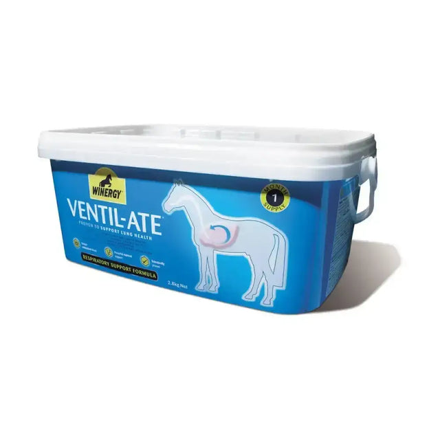 Blue plastic container with white lid and handles labeled winergy ventil-ate for respiratory support and lung health with unique antioxidant blend