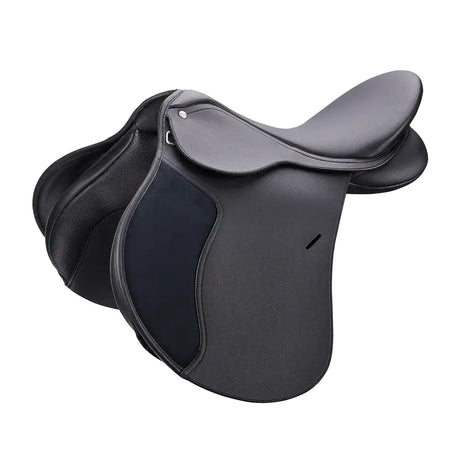 Black leather wintec 250 all purpose saddle with sleek stitching and open seat for hard wearing use