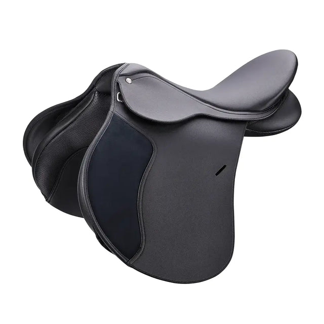 Black leather wintec 250 all purpose saddle with sleek stitching and open seat for hard wearing use