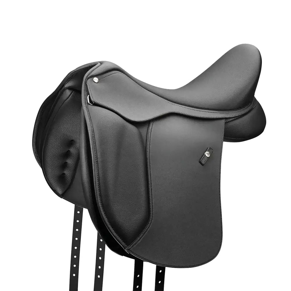 Black leather wintec 500 dressage saddle with smooth contoured design and supportive seat for your dressage journey
