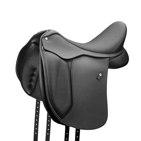 Black leather wintec 500 dressage saddle with smooth contoured design and supportive seat for your dressage journey