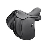 Black leather Wintec 500 pony all purpose weather proof saddle with smooth design and stirrup keeper for young riders