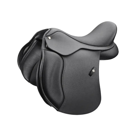 Black leather Wintec 500 pony all purpose weather proof saddle with smooth design and stirrup keeper for young riders